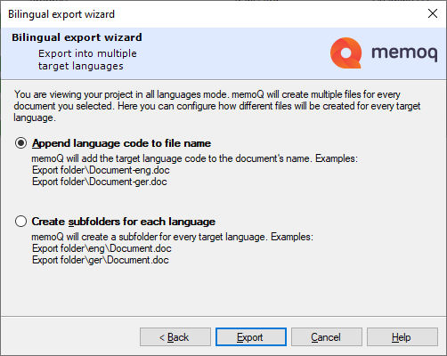 Bilingual export wizard showing two radio buttons for exporting files with multiple languages: append language code to file name, and create subfolders for each language. Back, Export, Cancel and Help buttons are at the bottom of the table.