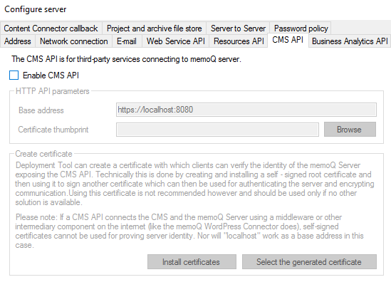 Content Management System API activation window with an activation checkbox available