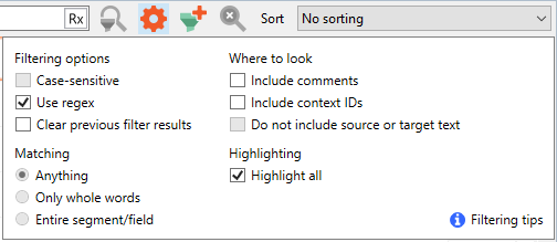 Options you can use when filtering your translation content.