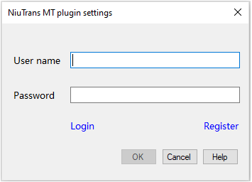 NiuTrans MT plugin login window with options to log in or register.