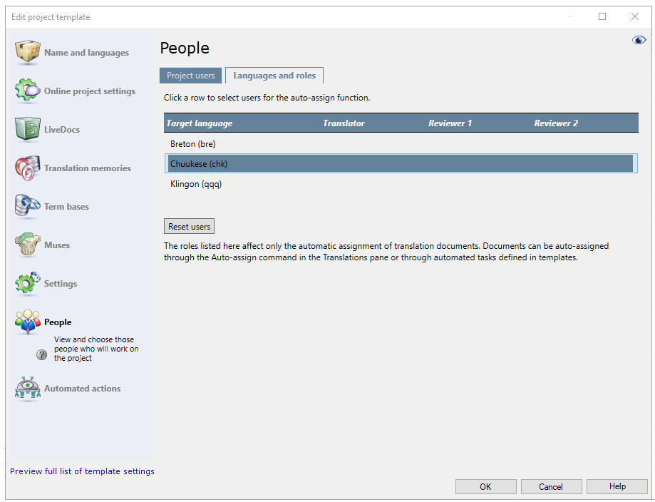 People pane of Edit project template window for online projects showing Project users and Languages and roles tabs. The Languages and roles tab is open, showing the Target language, Translator, Reviewer 1, and Reviewer 2 categories, as well as the Reset users button. At the bottom, there are OK, Cancel, and Help buttons.