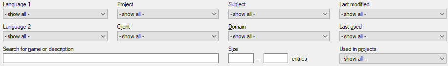 Part of the Resource console - Term base window showing possible filters you can use to filter your term bases list: Language 1, Language 2, Project, Client, Subject, Domain, Last modified, Last used, Used in projects, Search for name or description, and Size.