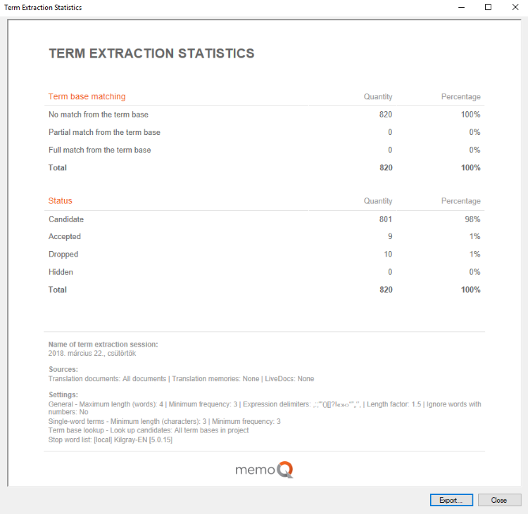 Term extraction statistics window showing on the left the term base matching (no match, partial match, full match, total) and status (candidate, accepted, dropped, hidden, total) and their quantity and percentage on the right. In addition, the name of term extraction session, sources, and settings information are visible at the bottom of the window.