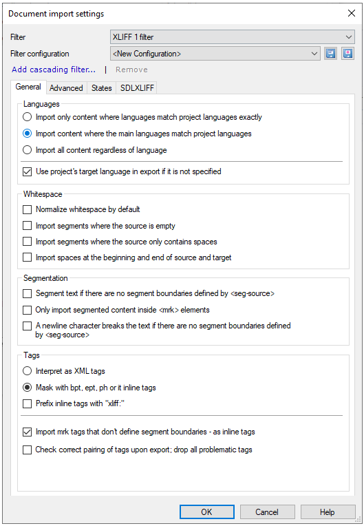 Document import settings window showing Xliff 1 filter selected and the General tab opened. Under the tab, there are Languages, Whitespace, Segmentation, and Tags sections. In the bottom-left corner, there are OK, Cancel, and Help buttons.
